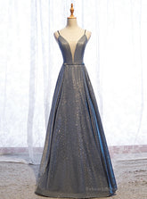 A-Line Gray Deep V-neck Sleeveless Long Prom Dress